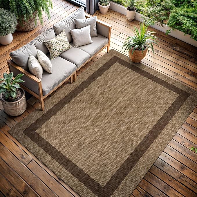CAMILSON Outdoor Rug 9x12 - Large Modern Outside Rugs for Patios Porches Waterproof Durable Washable Non-Shedding, Easy-to-Clean Indoor Outdoor Area Carpet (9 x 12, Bordered - Jute)