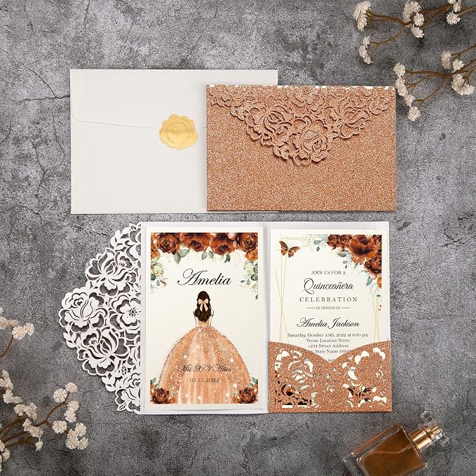 DORIS HOME 50Pcs Personalized Laser Cut Quinceanera Invitations, Terracotta | 4.7"x7.1", Customized Quince Invitations, For 15th Birthday, Sweet 16, With Envelopes