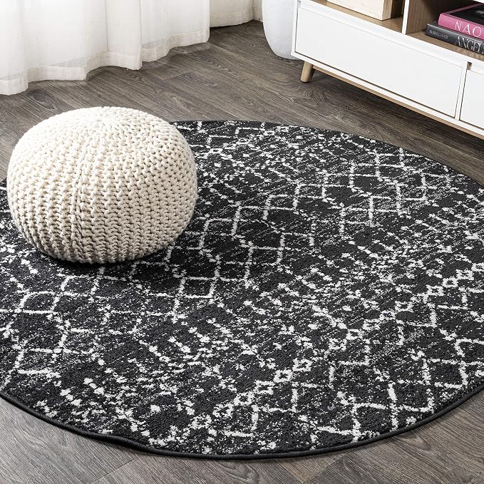 JONATHAN Y Boho Vintage Diamond Black/Ivory Round Area Rug 8 ft, Moroccan Hype for Living Room, Bedroom, Kitchen, Office, Easy-Cleaning, High Traffic, Pet-Friendly, Non-Shedding (MOH101D-8R)