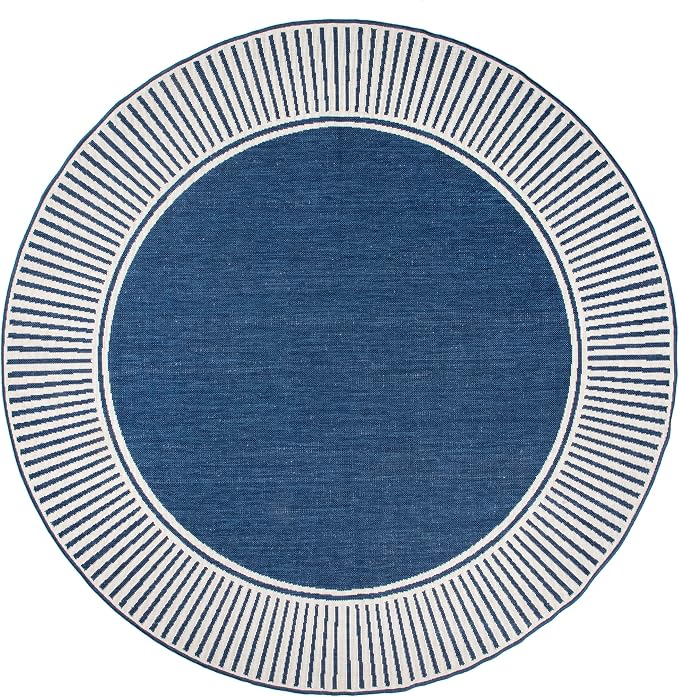 Nuloom Asha Navy/Ivory, 8' Round, Casual, Striped Border, Soft and Cozy, High Traffic, Easy Clean, Durable Area Rug for Indoor/Outdoor Patio, Deck, Porch, Garden, Courtyard