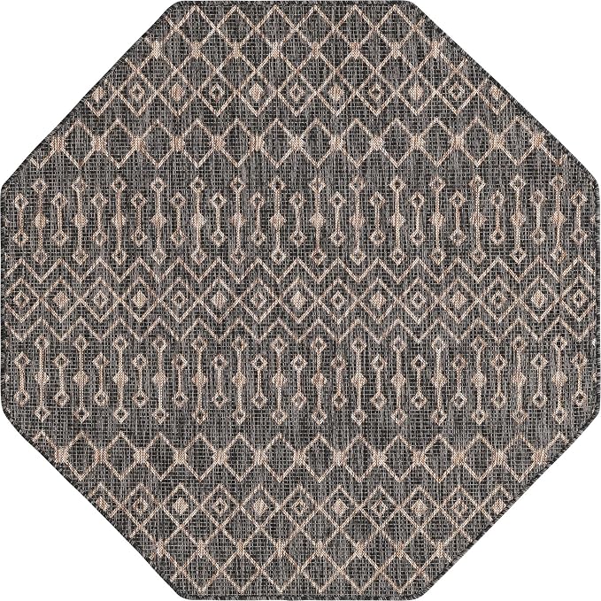 Unique Loom Outdoor Trellis Collection Area Rug - Tribal Trellis (5' 3" Octagon, Charcoal Gray/ Natural)