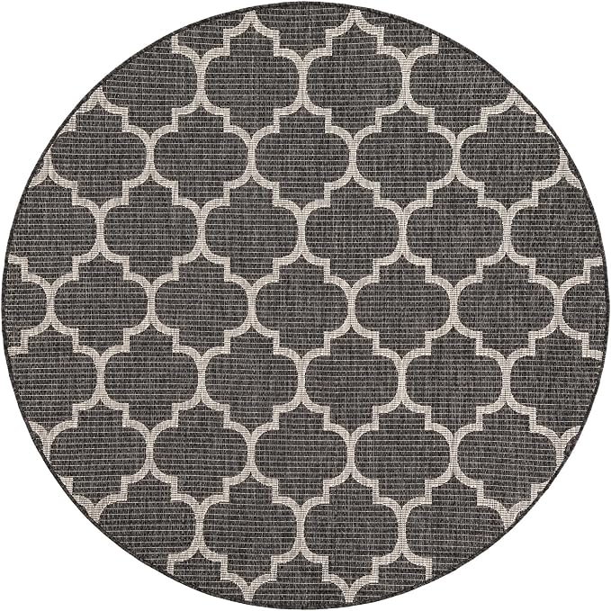 Unique Loom Outdoor Trellis Collection Area Rug (6' 1" Round Black/Ivory)