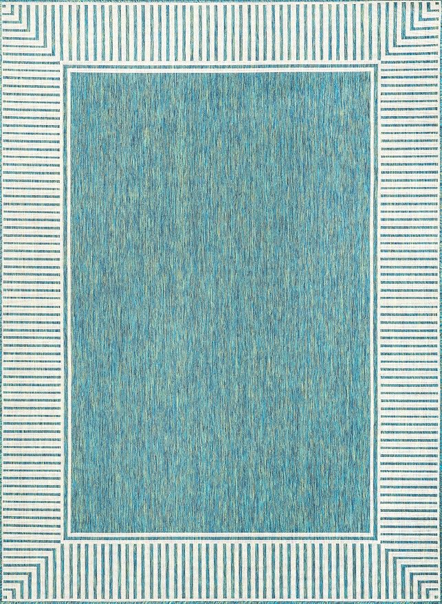 Nuloom Asha Teal/Ivory, 4' x 6', Casual, Striped Border, Soft and Cozy, High Traffic, Easy Clean, Durable Area Rug for Indoor/Outdoor Patio, Deck, Porch, Garden, Courtyard