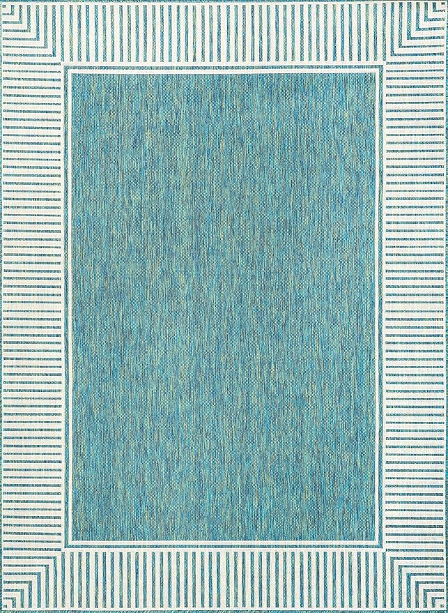 Nuloom Asha Teal/Ivory, 6'7" x 9', Casual, Striped Border, Soft and Cozy, High Traffic, Easy Clean, Durable Area Rug for Indoor/Outdoor Patio, Deck, Porch, Garden, Courtyard