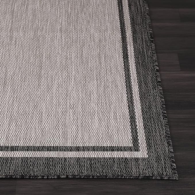 CAMILSON Indoor Outdoor Rug, 9x12 Bordered Gray Modern Area Rugs for Large Indoor and Outdoor Patios, Kitchen and Hallway Mats, Washable Porch Deck Outside Carpet (Bordered Grey, 9 x 12)