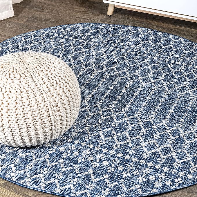 JONATHAN Y Moroccan Geometric Indoor Outdoor Round Area Rug 5 Ft Navy/Light Gray, Ourika Textured Weave for Backyard, Patio, Porch, Easy-Cleaning, High Traffic, Pet-Friendly, Non-Shedding SMB108B-5R