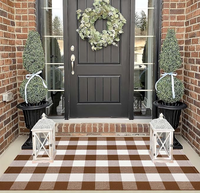 3'x5' Outdoor Rug,Coffee and White Buffalo Plaid Rug Farmhouse Front Porch Rug Machine Washable Front Door Mat Outdoor for Hello Welcome Mat,Bedroom,Entryway,Patio