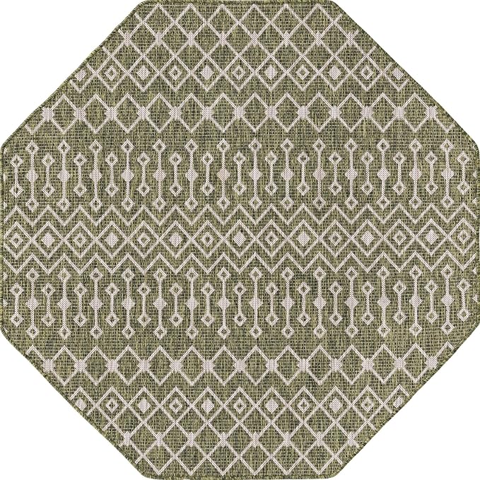 Unique Loom Outdoor Trellis Collection Area Rug - Tribal Trellis (5' 3" Octagon, Green/ Natural)