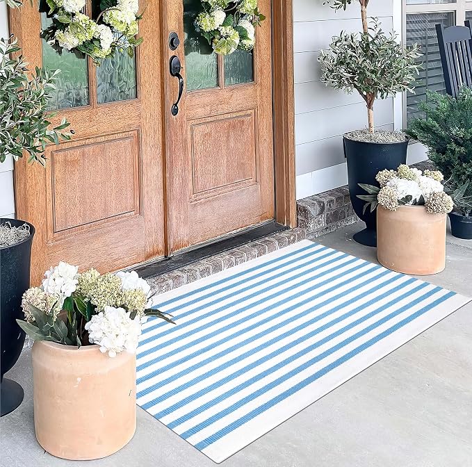 Light Blue White Striped Rug -2.3'x3.6' Front Door Rugs Outdoor, Small Washable Area Rug for Front Porch, Spring Summer Welcome Mats Outdoor Indoor, Doormat for Entryway Porch Entrance