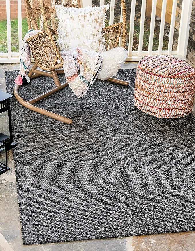 Unique Loom Collection Casual Transitional Solid Heathered Indoor/Outdoor Flatweave Area Rug (7' 1" x 10' Rectangle, Black/Ivory)