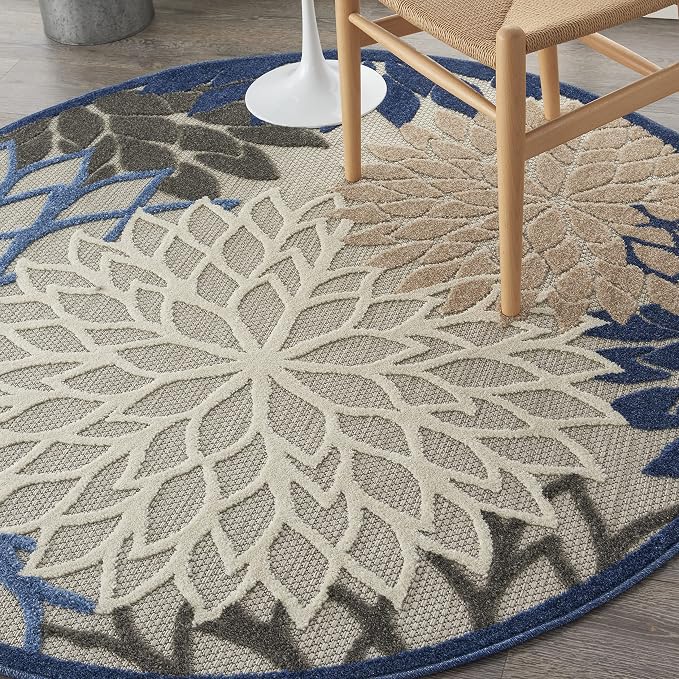Nourison Home Aloha Indoor/Outdoor Blue/Multicolor 5'3" x Round Area Rug, Tropical, Botanical, Easy Cleaning, Non Shedding, Bed Room, Living Room, Dining Room, Deck, Backyard, Patio (5 Round)