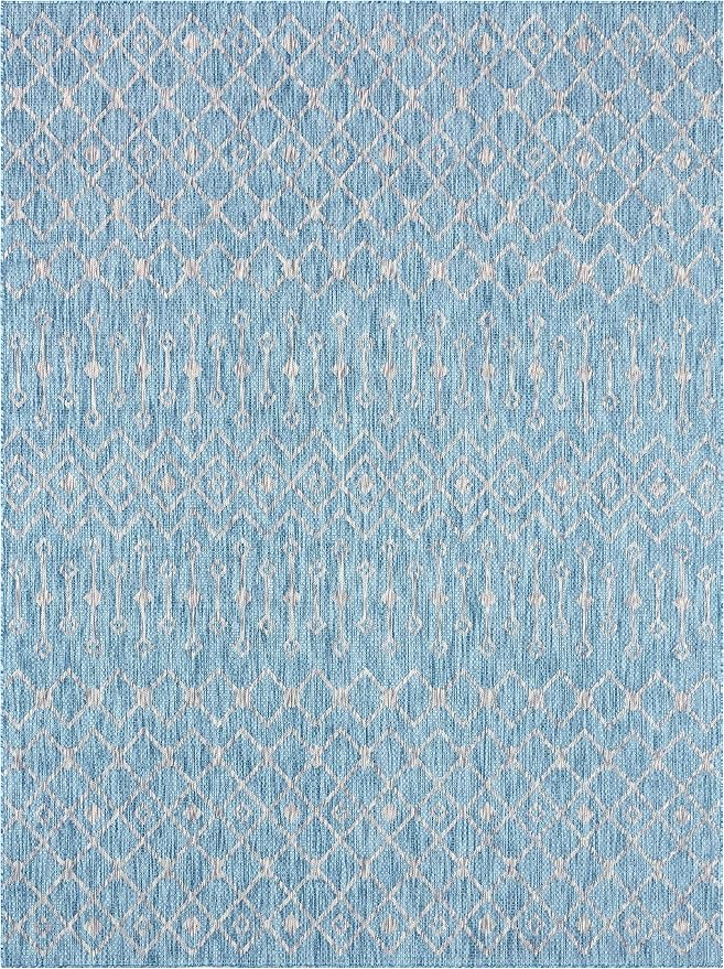 Unique Loom Outdoor Trellis Collection Area Rug - Tribal Trellis (9' x 12' Rectangle, Aqua/ Ivory)