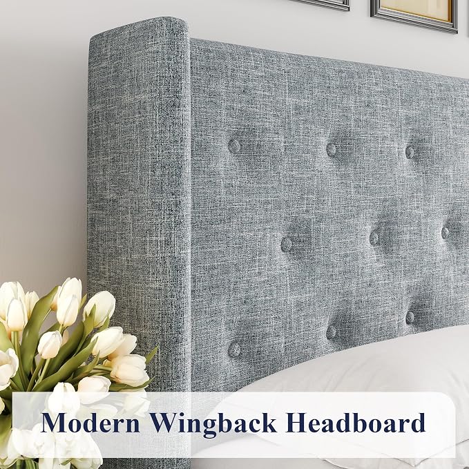Allewie King Size Lift Up Storage Button-Tufted Bed Frame Blue Grey | Modern Wingback Headboard, Hydraulic Support Storage, No Box Spring Needed
