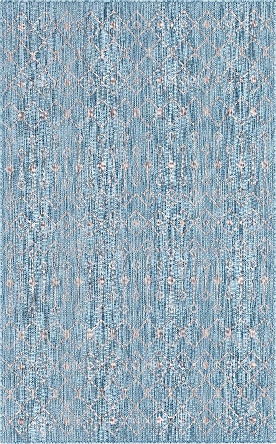 Unique Loom Outdoor Trellis Collection Area Rug - Tribal Trellis (5' 1" x 8' Rectangle, Aqua/ Ivory)
