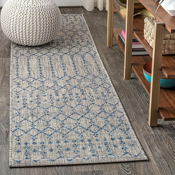 JONATHAN Y Moroccan Geometric Indoor Outdoor Runner Rug 2X10 Light Gray/Navy, Ourika Textured Weave for Backyard, Patio, Porch, Easy-Cleaning, High Traffic, Pet-Friendly, Non-Shedding (SMB108A-210)