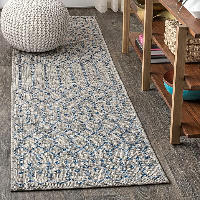 JONATHAN Y Moroccan Geometric Indoor Outdoor Runner Rug 2X20 Light Gray/Navy, Ourika Textured Weave for Backyard, Patio, Porch, Easy-Cleaning, High Traffic, Pet-Friendly, Non-Shedding (SMB108A-220)