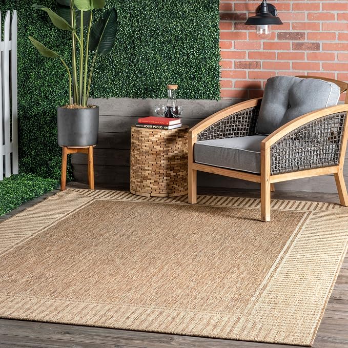 Nuloom Asha Light Brown/Ivory, 4' x 6', Casual, Striped Border, Soft and Cozy, High Traffic, Easy Clean, Durable Area Rug for Indoor/Outdoor Patio, Deck, Porch, Garden, Courtyard