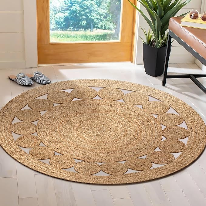 Savi Home Jute Area Rug Handwoven- 4 feet Round- Natural Beige - Rustic Vintage Beige Braided Reversible Jute Rug- Eco Friendly Rugs for Farmhouse, Bedroom, Kitchen, Living Room
