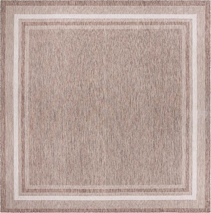 Unique Loom Outdoor Border Collection Area Rug - Soft Border (13' Square, Brown/ Ivory)