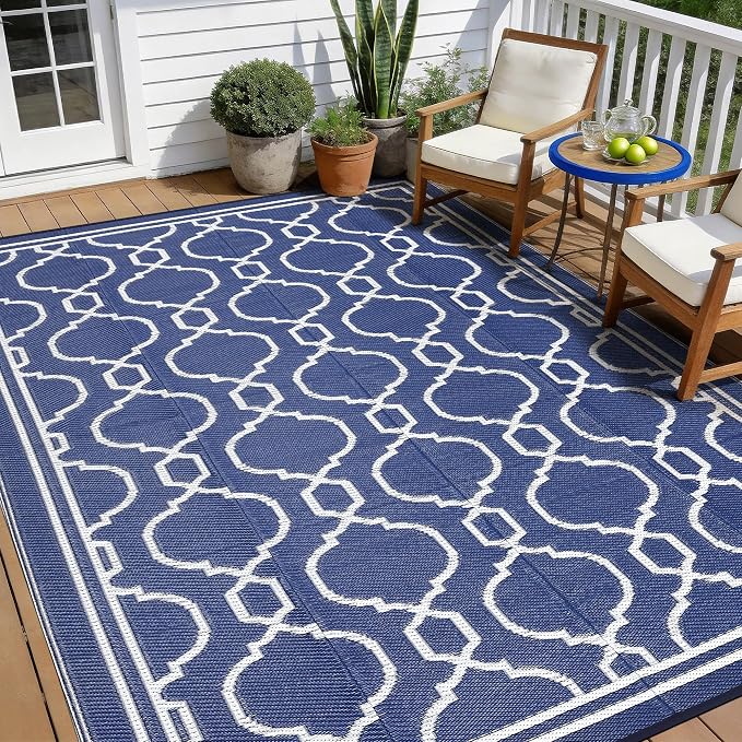 Garvee 9 x 12 Outdoor Rug Waterproof for Patio, Foldable Reversible Plastic Straw Area Rug, Large Mats for Camping, RV, Balcony, Deck, Picnic, Beach, Blue & White