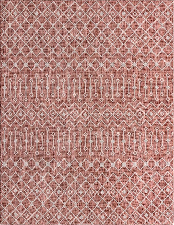 Unique Loom Outdoor Trellis Collection Area Rug - Tribal Trellis (10' x 13' 1" Rectangle, Rust Red/ Ivory)