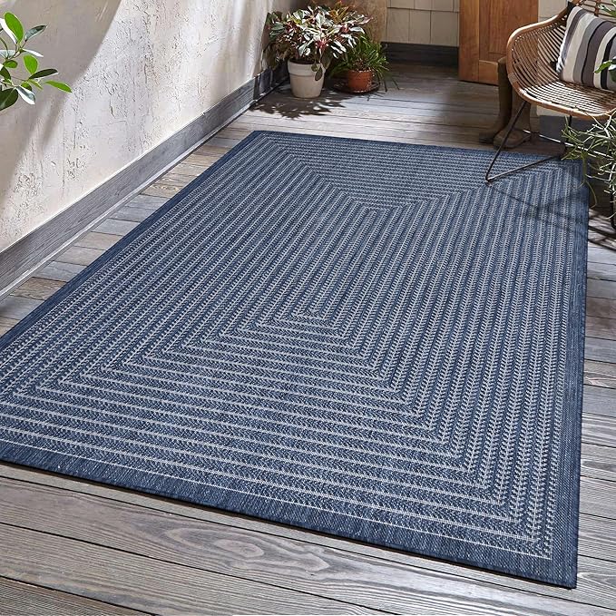 Adiva Rugs Outdoor Indoor Area Rug, Weather Resistant, Easy to Clean, Stain Resistant Floor Mat for Dining Room, Backyard, Deck, Patio (Navy Weiss, 9' x 12')