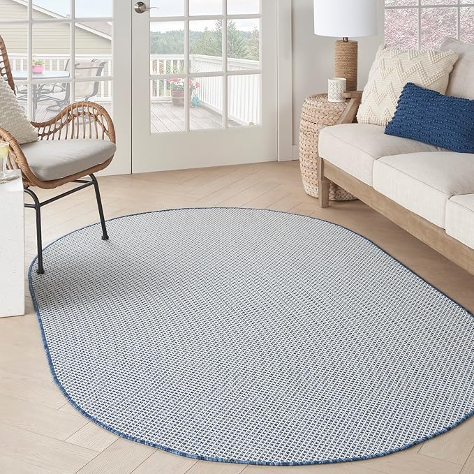 Nourison Home Courtyard Ivory Blue 5' x 8' Oval Area Rug - Easy Clean, Non Shedding, Bed Room, Living Room, Dining Room, Kitchen (5' x 8' Oval)