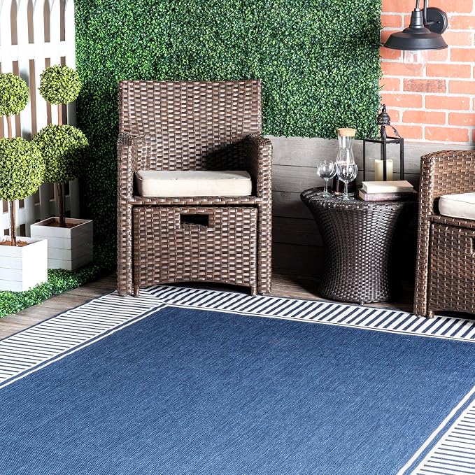 Nuloom Asha Navy/Ivory, 8' Square, Casual, Striped Border, Soft and Cozy, High Traffic, Easy Clean, Durable Area Rug for Indoor/Outdoor Patio, Deck, Porch, Garden, Courtyard