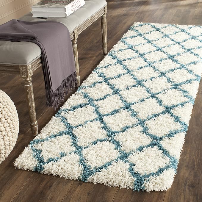 SAFAVIEH Kids Shag Collection Runner Rug - 2'3" x 7', Ivory & Blue, Moroccan Trellis Design, Non-Shedding & Easy Care, 2-inch Thick Ideal for High Traffic Areas in Living Room, Bedroom (SGK569C)