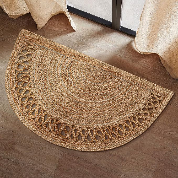 Boho Braided 1.5x3 Area Rug - Jute Natural Fiber Half Circle Rug for Living Room Entryway, Farmhouse, Home, Indoor Rug Jute Door mat for Bathroom, Kitchen (Beige 1.5 X 3 ft)