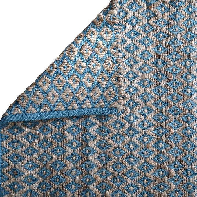 THE BEER VALLEY Jute Cotton Diamond Kitchen Rug 2x3 Feet - Natural Teal | Small Neutral Area Door mat for Entryway, Easy Clean Outdoor Indoor Boho Entry Rugs