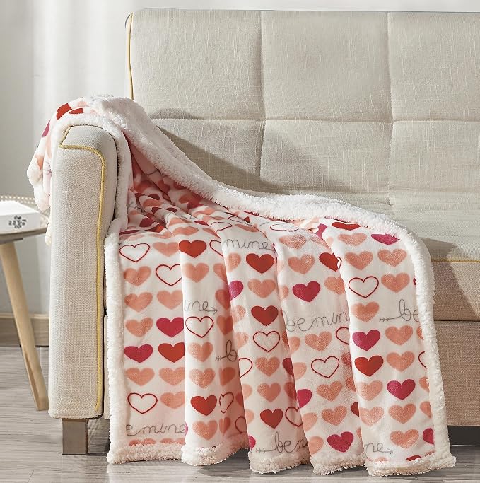 Elegant Comfort Luxury Valentine’s Day Sherpa Throw Blanket Ultra-Soft Cozy Velvet Pink Hearts Fleece Throw-Micromink Sherpa for Her, Wife, Girlfriend, Sherpa Reversible Blanket- Isabella