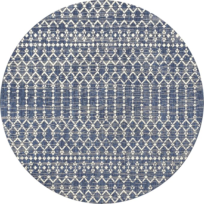 JONATHAN Y Moroccan Geometric Indoor Outdoor Round Area Rug 4 Ft Navy/Beige, Ourika Textured Weave for Backyard, Patio, Porch, Easy-Cleaning, High Traffic, Pet-Friendly, Non-Shedding (SMB108K-4R)