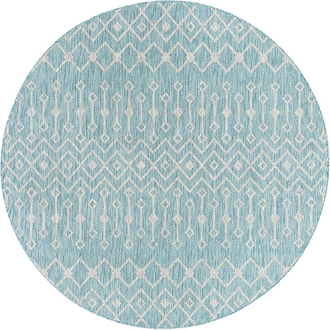 Unique Loom Outdoor Trellis Collection Area Rug - Tribal Trellis (7' 10" Round, Aqua/ Ivory)
