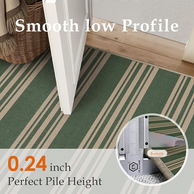 PureCozy Striped Easy Jute Rug 3x5 Green Entryway Carpet Washable Non Slip Office Door Mat Farmhouse Neutral Non Shedding Small Indoor Outdoor Rug for Bathroom Kitchen Bedroom Living Room