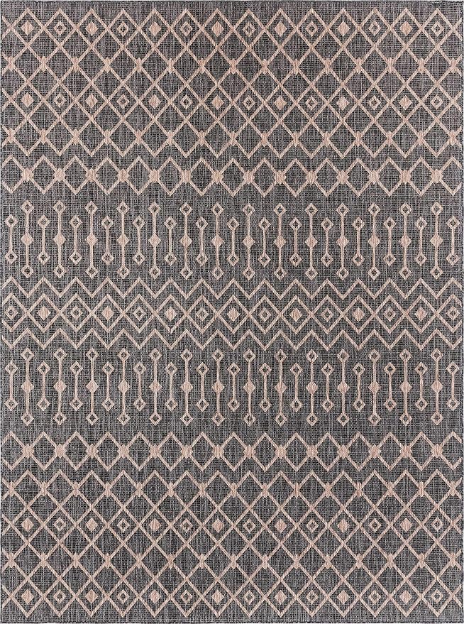 Unique Loom Outdoor Trellis Collection Area Rug - Tribal Trellis (9' x 12' Rectangle, Charcoal Gray/ Natural)