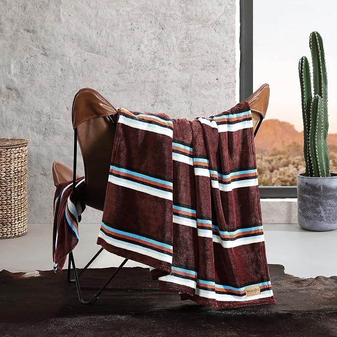 Wrangler - Queen Size Blanket, Ultra-Soft Plush Blanket, Medium Weight Cozy Bedding, Striped Americana Decor, Western Saddle Red