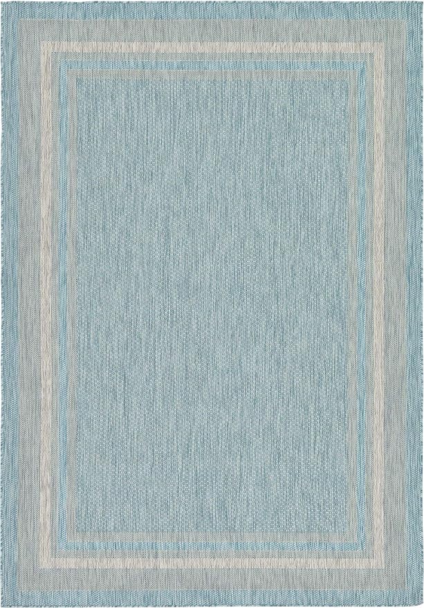 Unique Loom Outdoor Border Collection Area Rug - Soft Border (7' 1" x 10' Rectangle, Aquamarine/ Ivory)