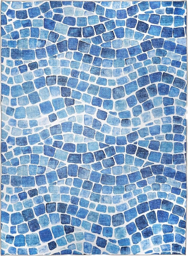 ReaLife Rugs Machine Washable Indoor Outdoor - Mat Rug Foldable Printed Thin Lightweight Cushioned Fade Resistant Patio Deck Dock Porch Pool Balcony Camping - Emery- Blue 5' x 7'