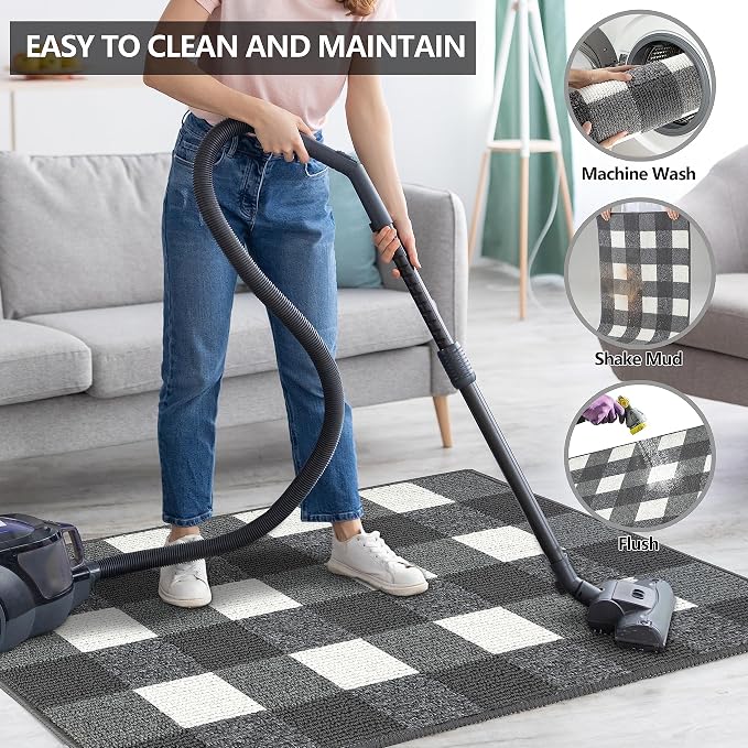 FONEYI Buffalo Plaid Outdoor Rug, 20"x59" Checkered Front Door Mat, Non Slip Absorbent Entryway Rug Doormat Indoor, Washable Outdoor Rugs for Layered Door Mats Front Porch/Farmhouse Grey and White