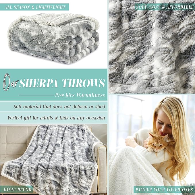 Elegant Comfort Throw Blanket, Reversible Sherpa Flannel, Ultra-Soft, Fuzzy, Cozy and Plush- All Season Lightweight Decorative Throw, 50 x 60 inches, Alaska Sherpa Throw, Gray