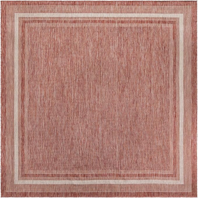 Unique Loom Outdoor Border Collection Area Rug - Soft Border (10' Square Rust Red/Ivory)