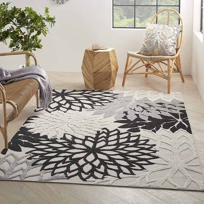 Nourison Home Aloha Indoor/Outdoor Black White 3'6" x 5'6" Area Rug, Tropical, Botanical, Easy Cleaning, Non Shedding, Bed Room, Living Room, Dining Room, Deck, Backyard, Patio (3x5)