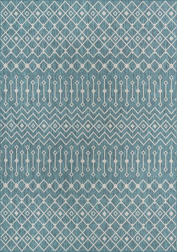 Unique Loom Outdoor Trellis Collection Area Rug - Tribal Trellis (10' x 14' 1" Rectangle, Teal/ Ivory)