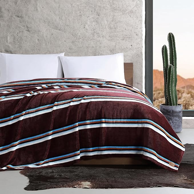 Wrangler - King Size Blanket, Ultra-Soft Plush Blanket, Medium Weight Cozy Bedding, Striped Americana Decor, Western Saddle Burgundy