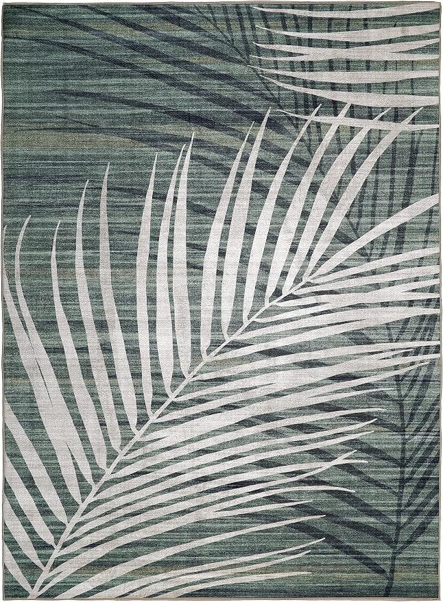 ReaLife Rugs Machine Washable Indoor Outdoor - Mat Rug Foldable Printed Thin Lightweight Cushioned Fade Resistant Patio Deck Dock Porch Pool Balcony Camping - Palm - Green Tan 4' x 6'
