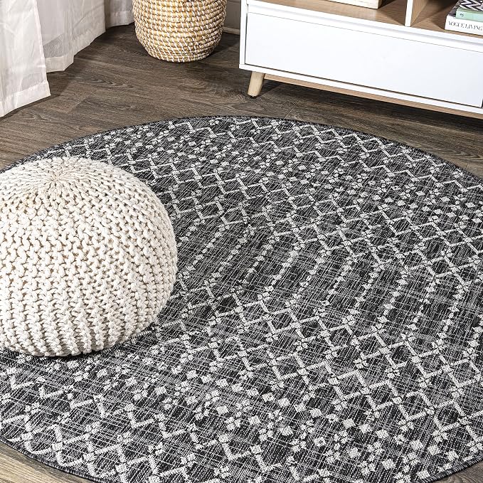 JONATHAN Y Moroccan Geometric Indoor Outdoor Round Area Rug 9 Ft Black/Gray, Ourika Textured Weave for Backyard, Patio, Porch, Easy-Cleaning, High Traffic, Pet-Friendly, Non-Shedding (SMB108F-9R)