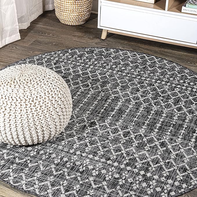 JONATHAN Y Moroccan Geometric Indoor Outdoor Round Area Rug 3 Ft Black/Gray, Ourika Textured Weave for Backyard, Patio, Porch, Easy-Cleaning, High Traffic, Pet-Friendly, Non-Shedding (SMB108F-3R)