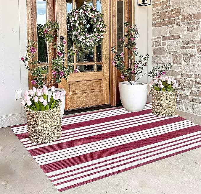 BUAGETUP Red and White Outdoor Rug 3'x 5' Hand-Woven Cotton Washable Rug Striped Front Porch Rug Indoor/Outdoor Area Rug Floor Mat for Farmhouse/Layered Door Mats/Living Room