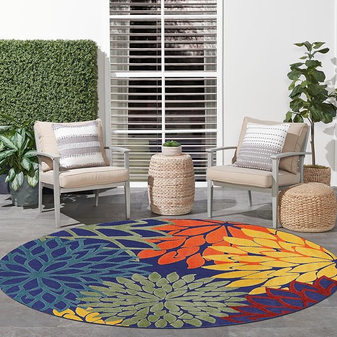 Nourison Home Aloha Navy Multicolor 7'10" x Round Area Rug - Easy Clean, Non Shedding, Bed Room, Living Room, Dining Room, Kitchen (8' x Round)